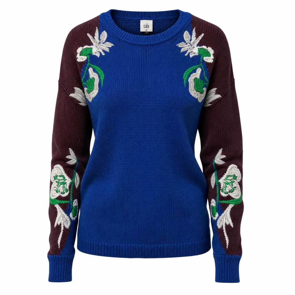Cabi Sweater Women M Vineyard Floral Embroidered Colorblock Crew Neck Knit 4859